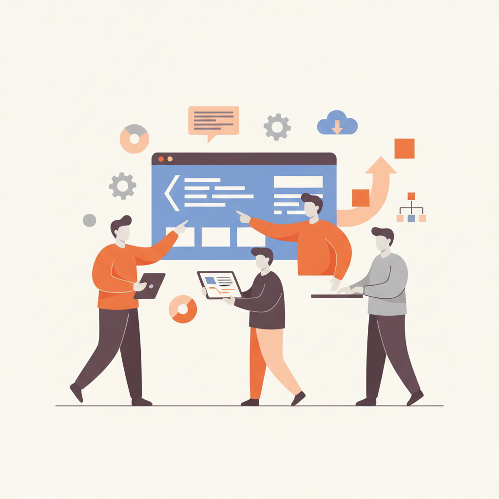 Team of developers working on complex code architecture